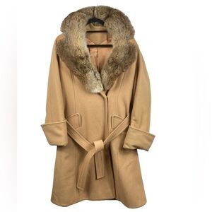 Jackie Stuart Juniors Wm’s Sz Sm Tan Wool Fur Collar Lined Tie Long Dress Coat